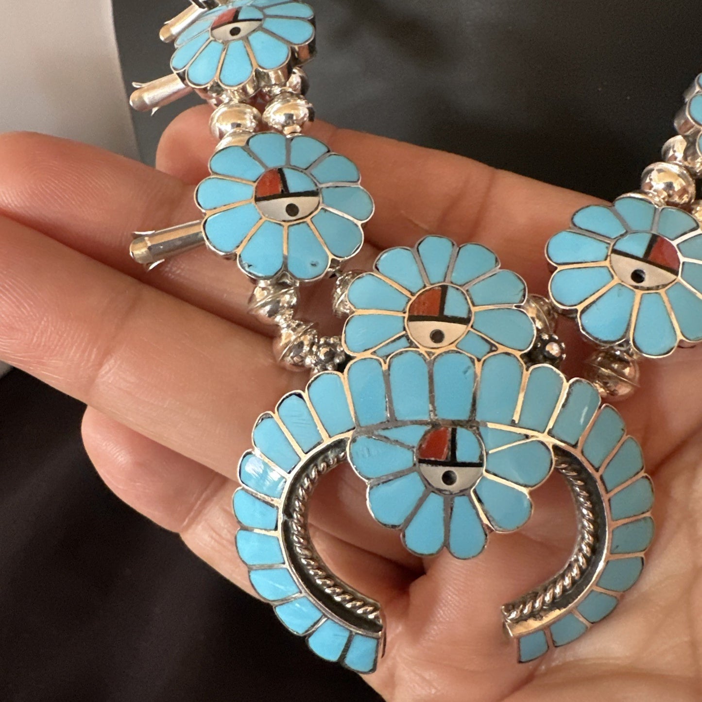 Old Pawn Sunface Turquoise Zuni Sterling Silver Squash Necklace Earrings 19289
