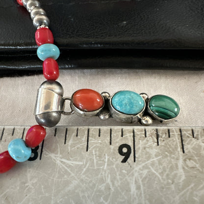 Multicolor Turquoise Coral Navajo Sterling Silver Cluster Pendant Necklace 19654