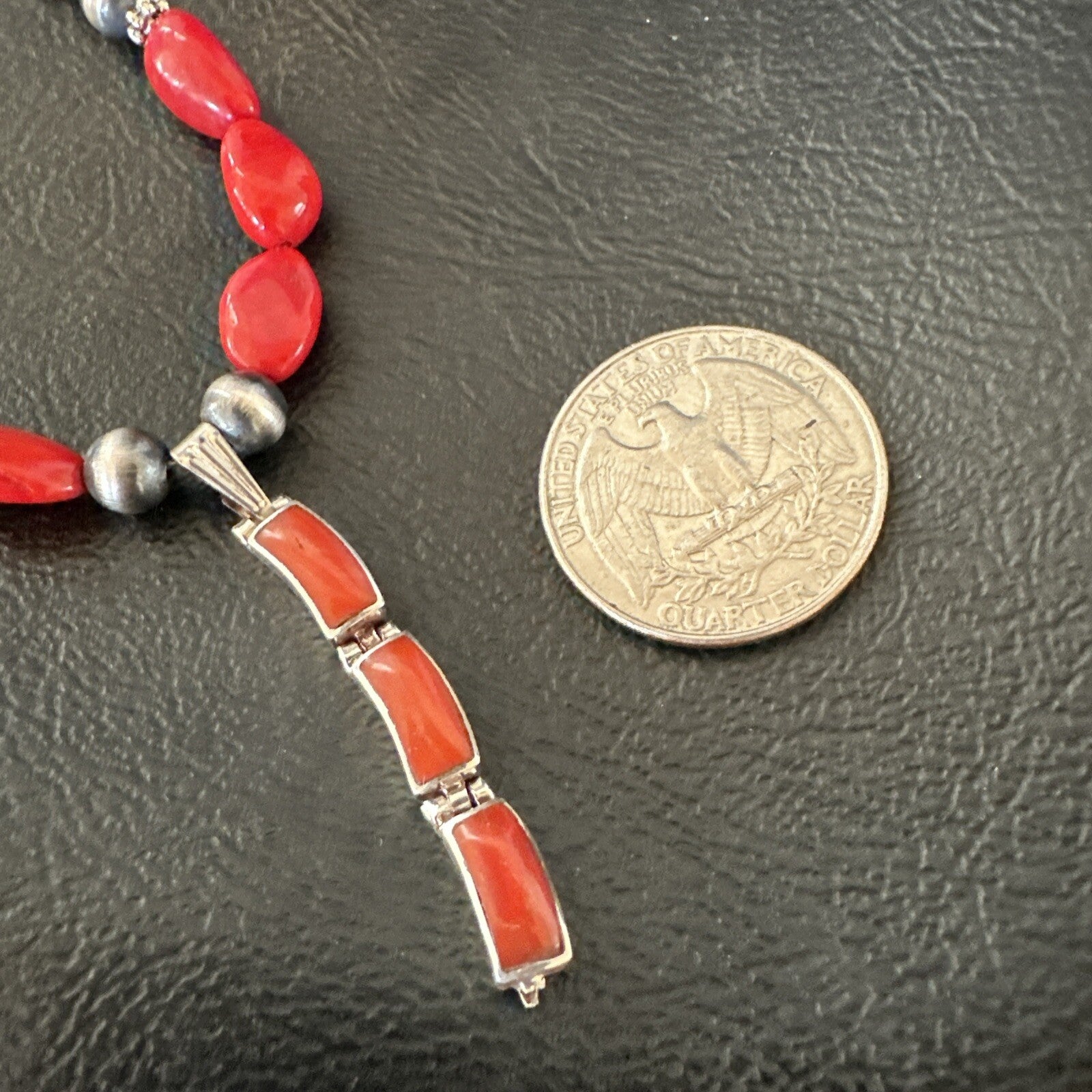 Red Coral Pendant Navajo Pearls Sterling Silver Necklace 23" 18363