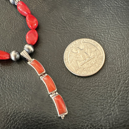Red Coral Pendant Navajo Pearls Sterling Silver Necklace 23" 18363