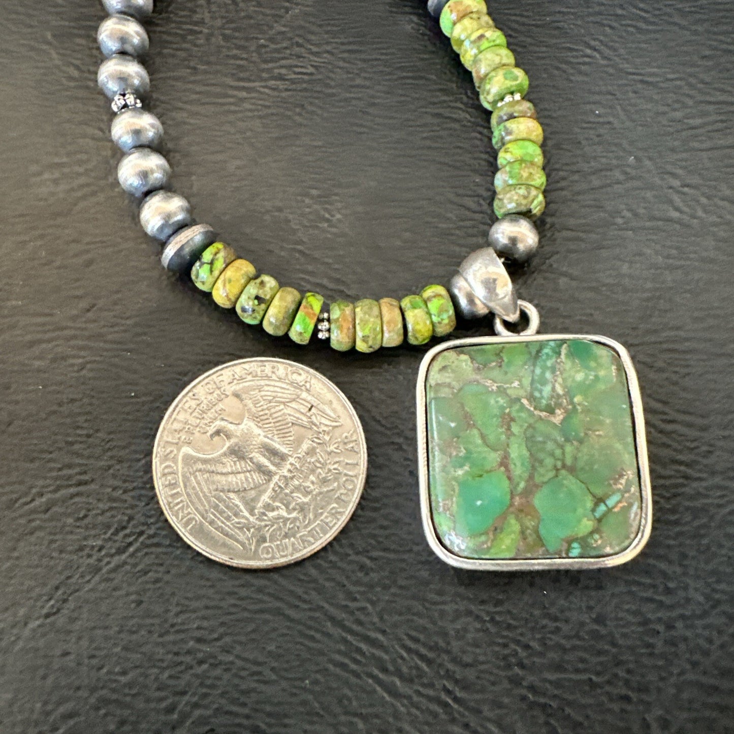 Womens Green Gaspeite Turquoise Pendant Navajo Sterling Silver Necklace 18368
