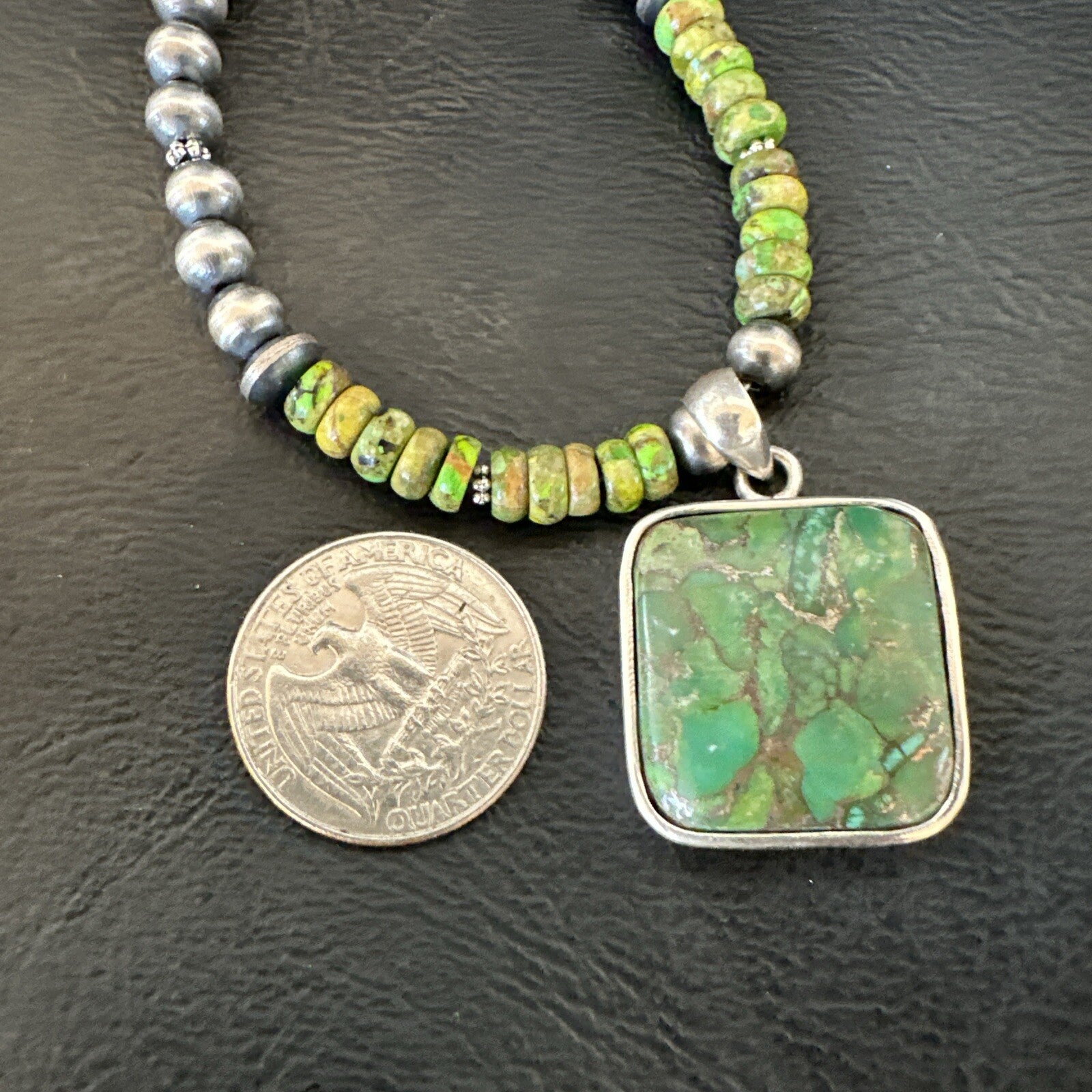 Womens Green Gaspeite Turquoise Pendant Navajo Sterling Silver Necklace 18368