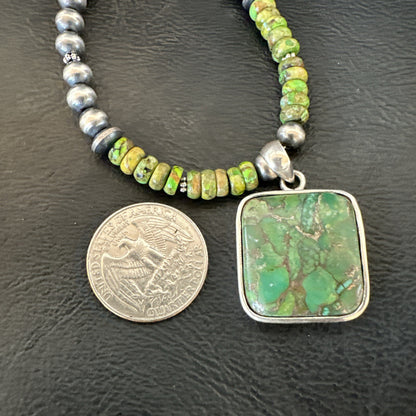 Womens Green Gaspeite Turquoise Pendant Navajo Sterling Silver Necklace 18368