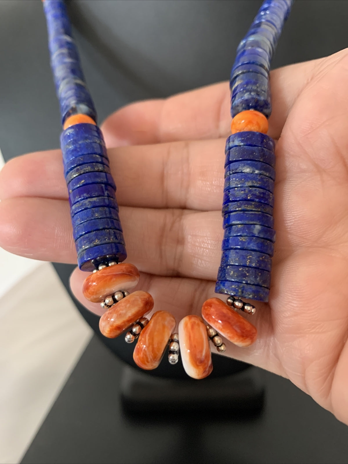 Mens Navajo Sterling Silver Navy Blue Lapis Orange Spiny Oyster Necklace 00929