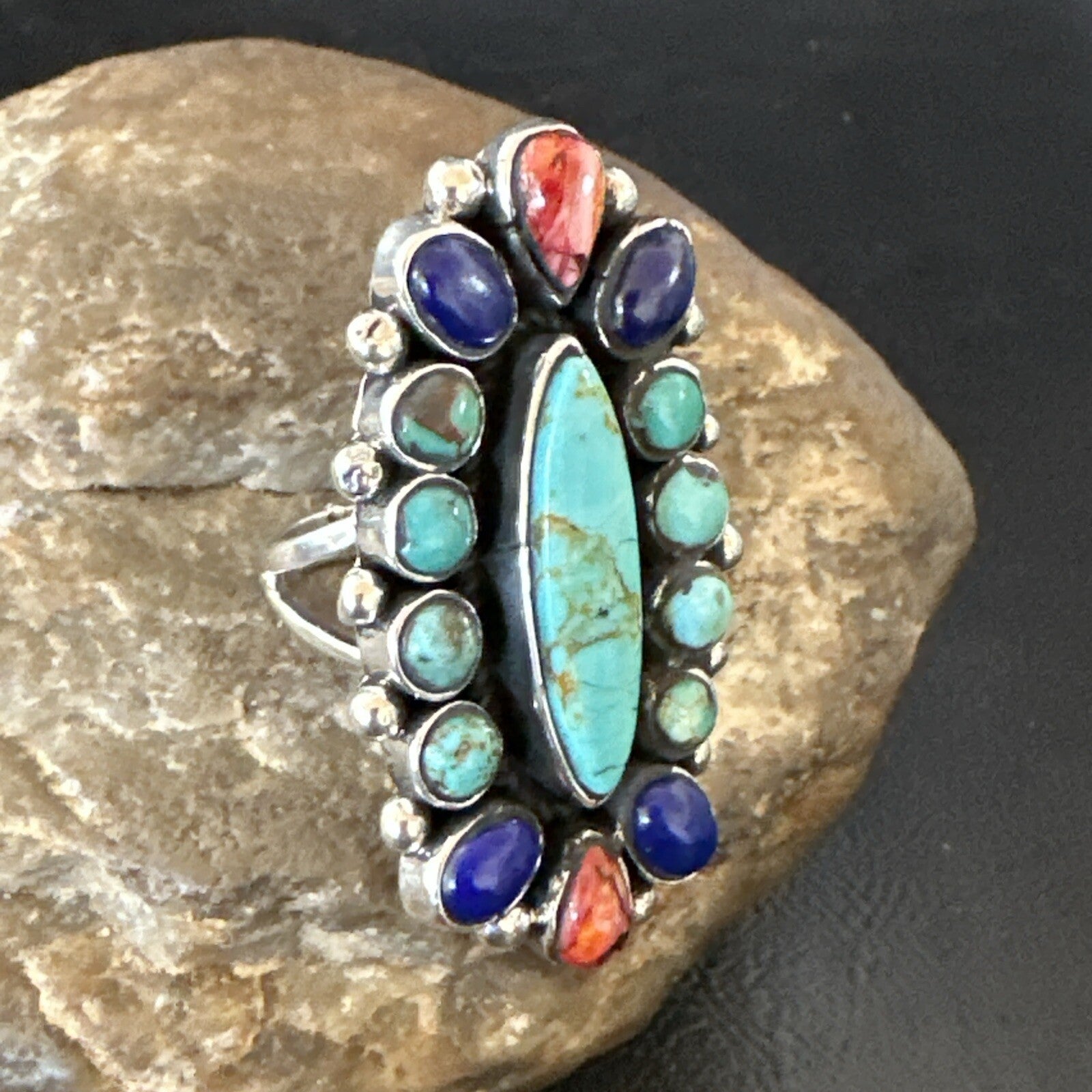 Cluster Blue Turquoise Spiny Oyster Lapis Sterling Silver Ring Size 6.5 18566