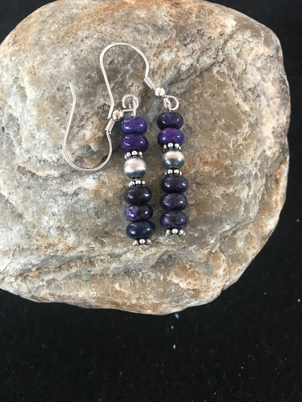 Navajo Purple Stone Sterling Silver Dangle Bead Earrings 1" 10059