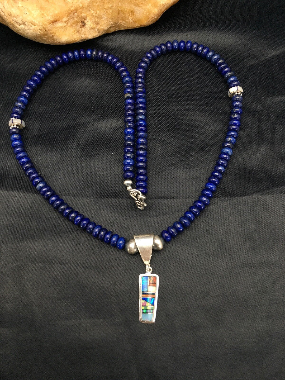 NAVAJO Sterling Silver Necklace Lapis Opal Pendant Set 22" 2907