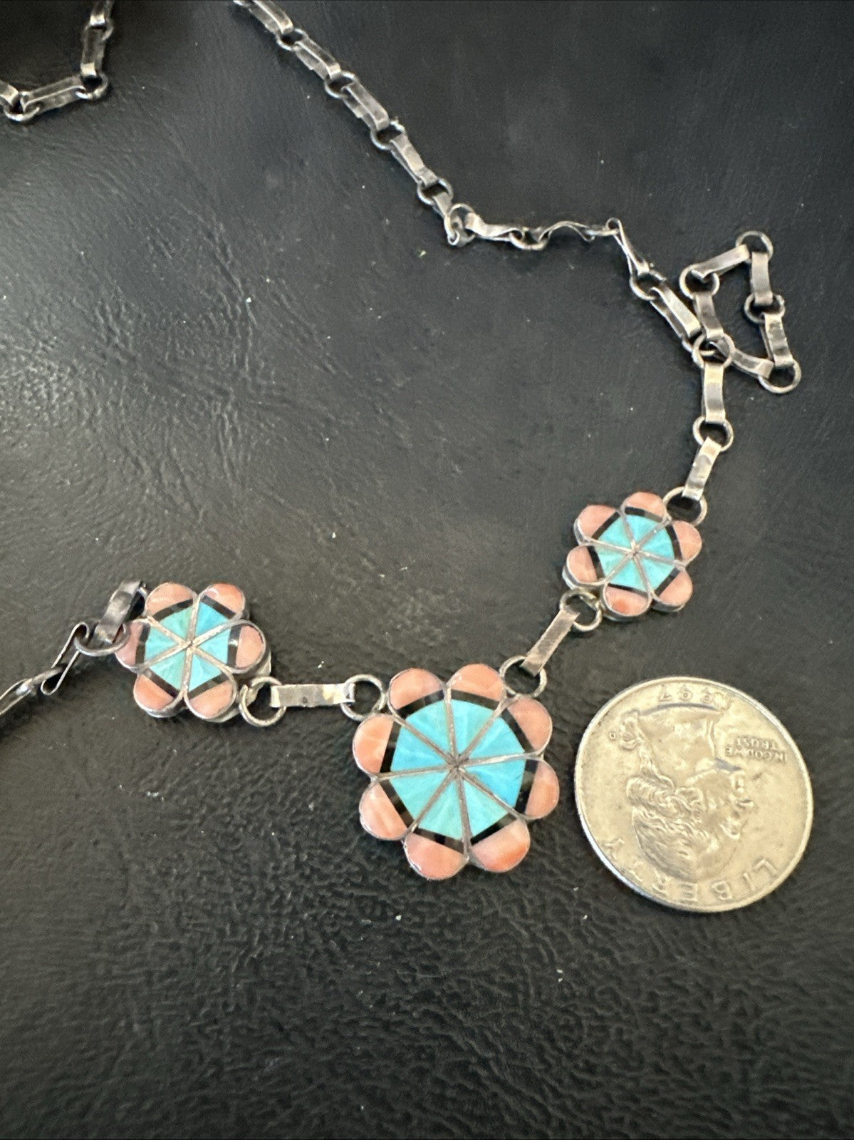 Pink Coral Turquoise Pendant Zuni Sterling Silver Old Pawn Necklace 22" 19143