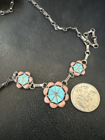 Pink Coral Turquoise Pendant Zuni Sterling Silver Old Pawn Necklace 22" 19143