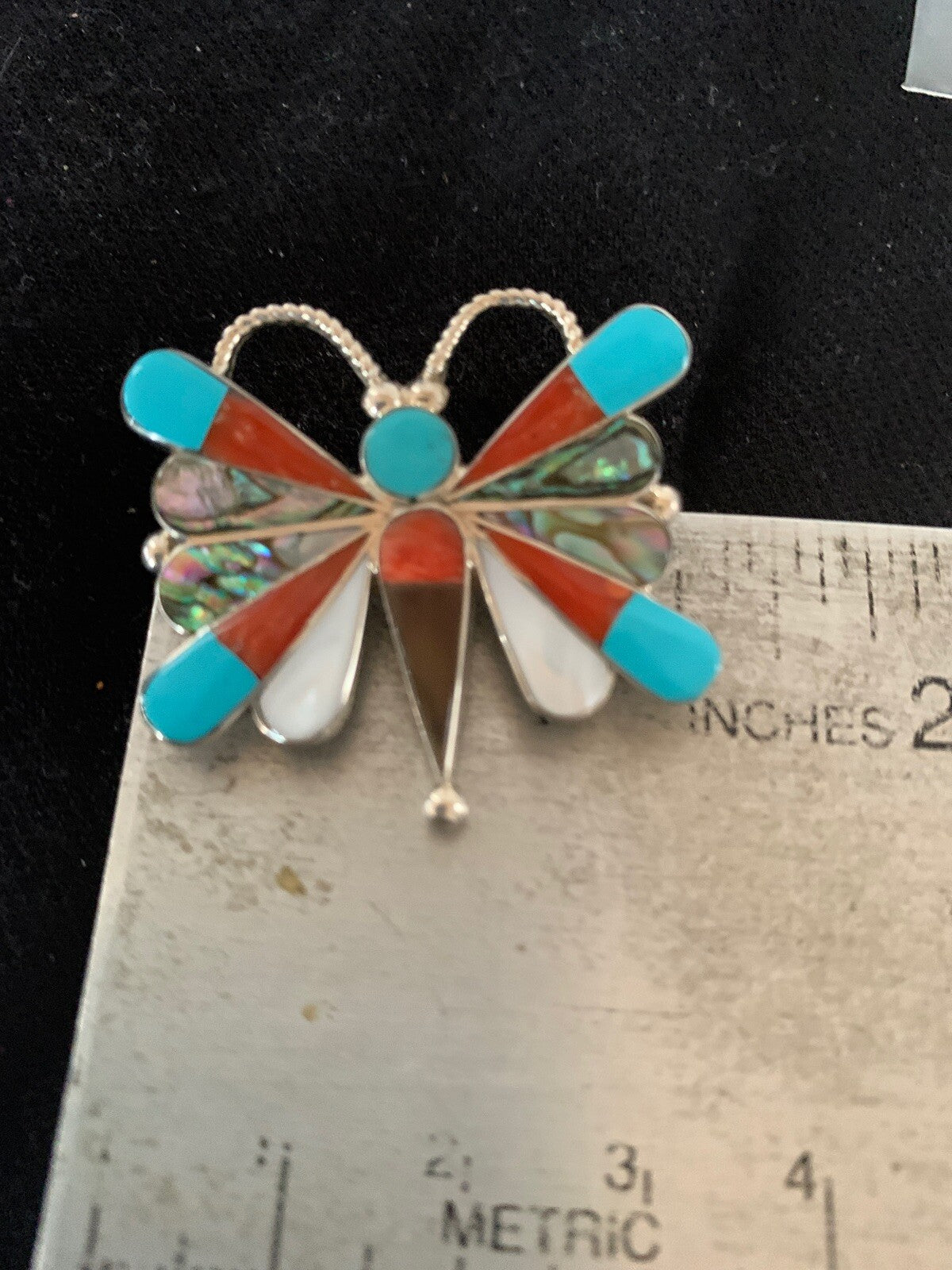 Turquoise & Mother Of Pearls Butterfly Zuni Sterling Silver Pin Pendant 04695