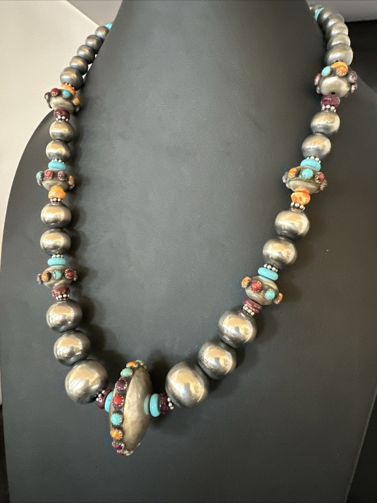 Multicolor Spiny Navajo Pearls Turquoise Sterling Silver Necklace 23” 19447