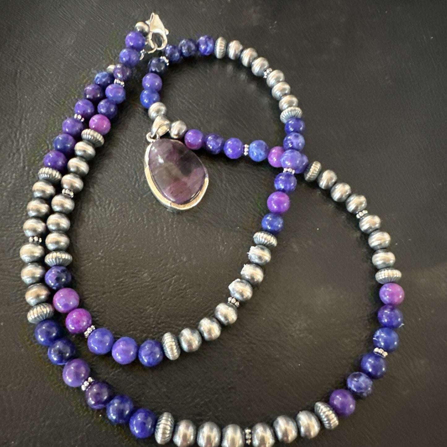 Purple Stone Pendant Navajo Pearls Sterling Silver Necklace 23" 17894