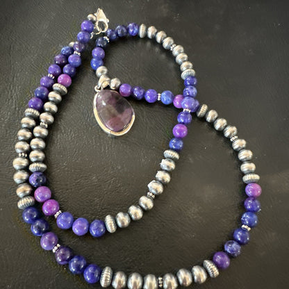 Purple Stone Pendant Navajo Pearls Sterling Silver Necklace 23" 17894