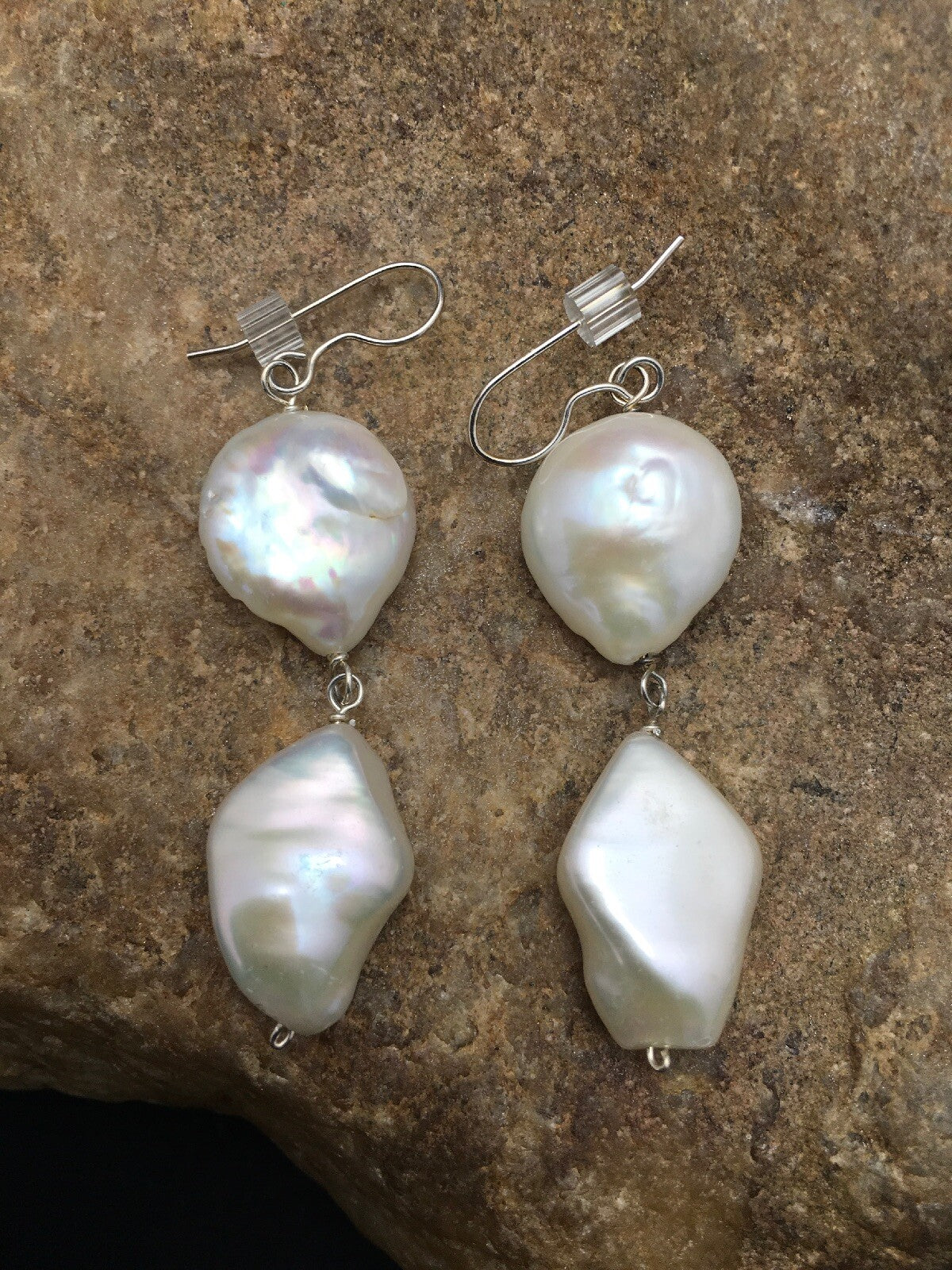 Beautiful White Sterling Silver Freshwater Pearl Dangle Earrings 1.5" 03078