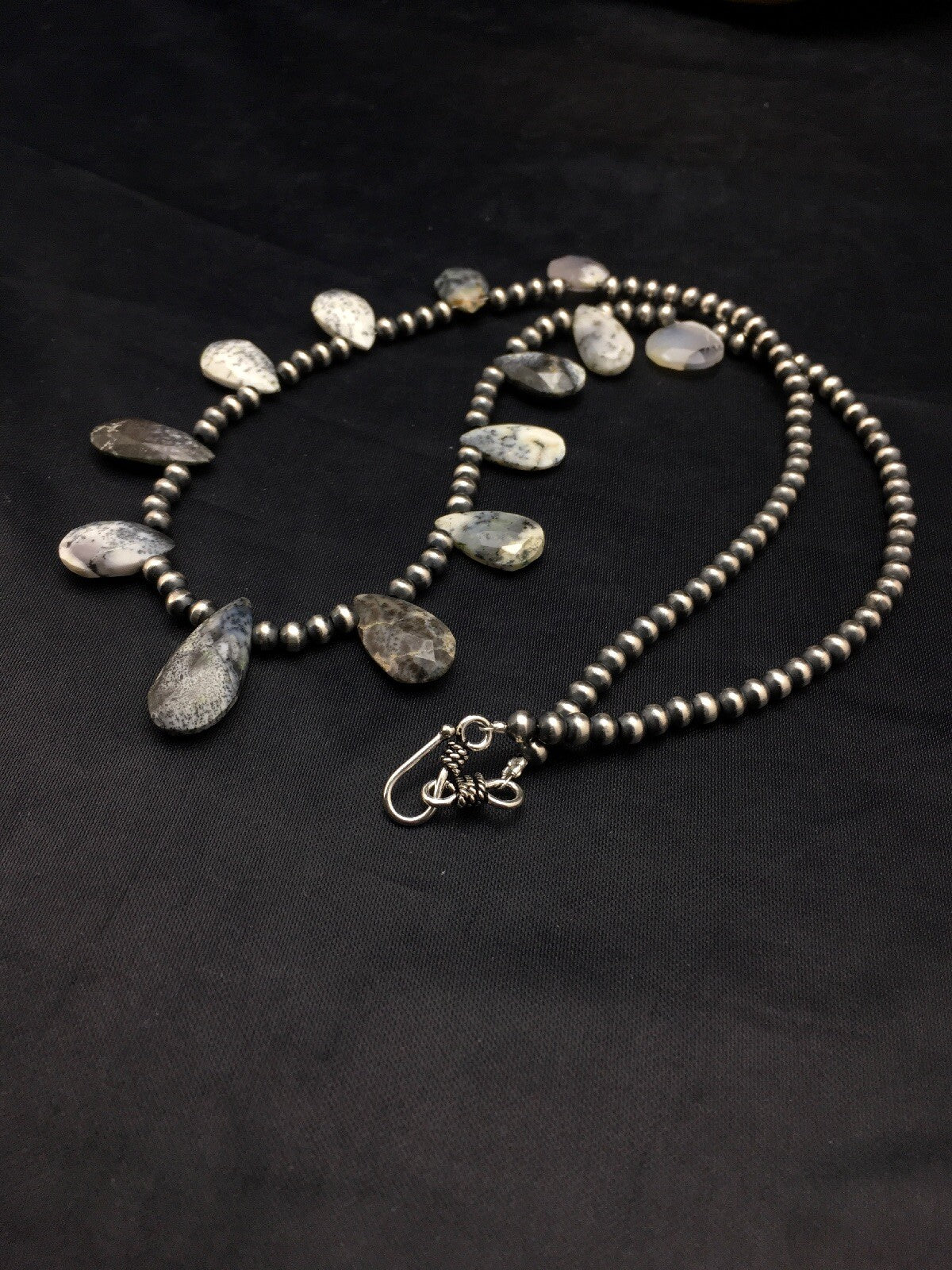 Black Rutilated Opal Pear Shaped Navajo Pearls Sterling Silver Necklace 04090