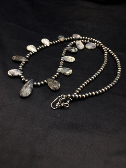 Black Rutilated Opal Pear Shaped Navajo Pearls Sterling Silver Necklace 04090