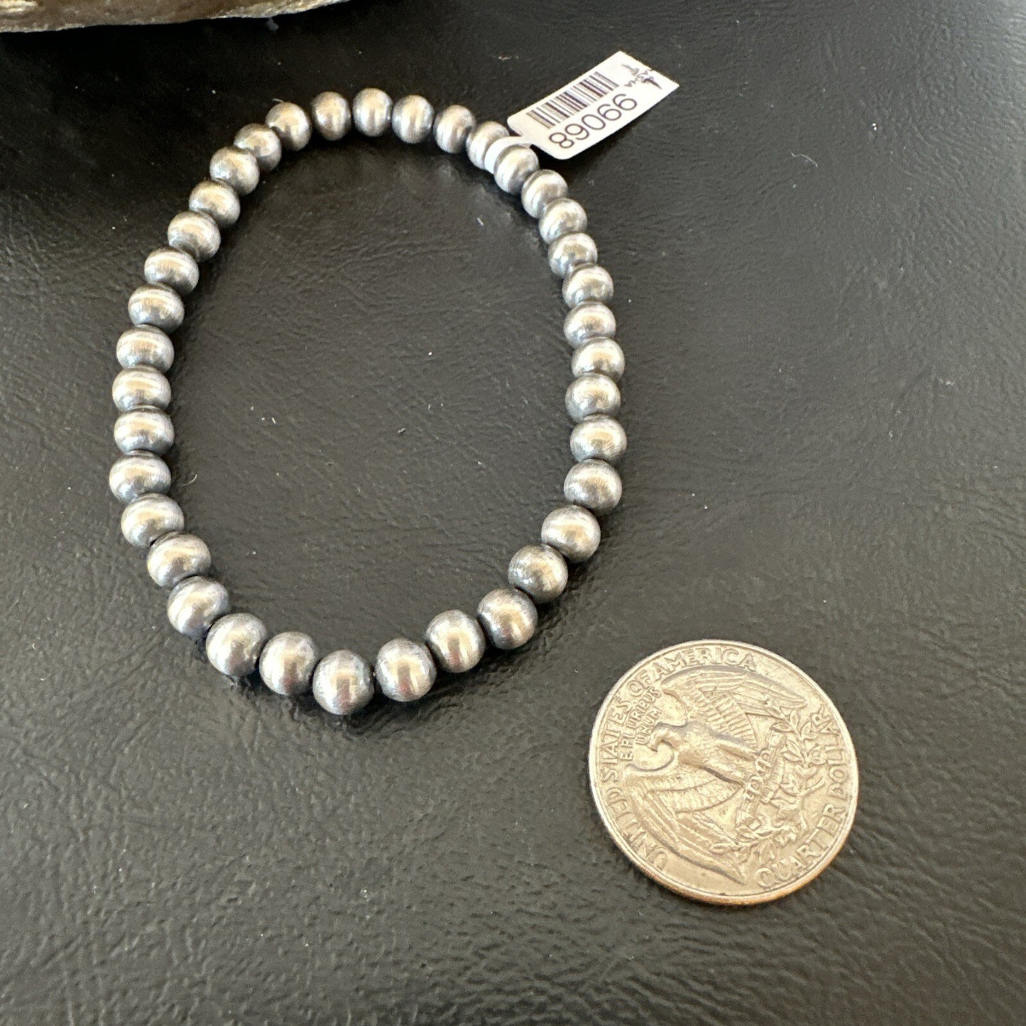 Native American 6mm Beads 8” Sterling Silver Stretch Beads Bracelet 99068