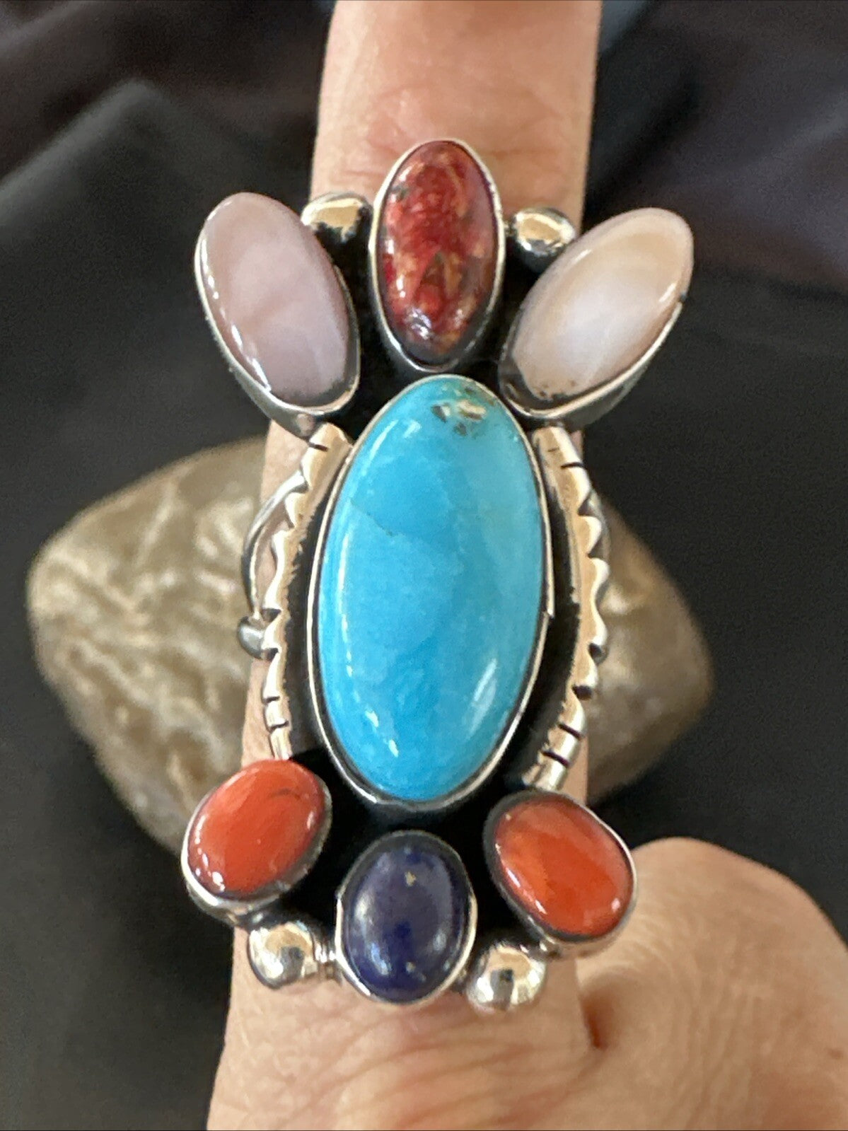 Cluster Blue Turquoise Spiny Oyster Onyx Sterling Silver Ring Size 8 18564