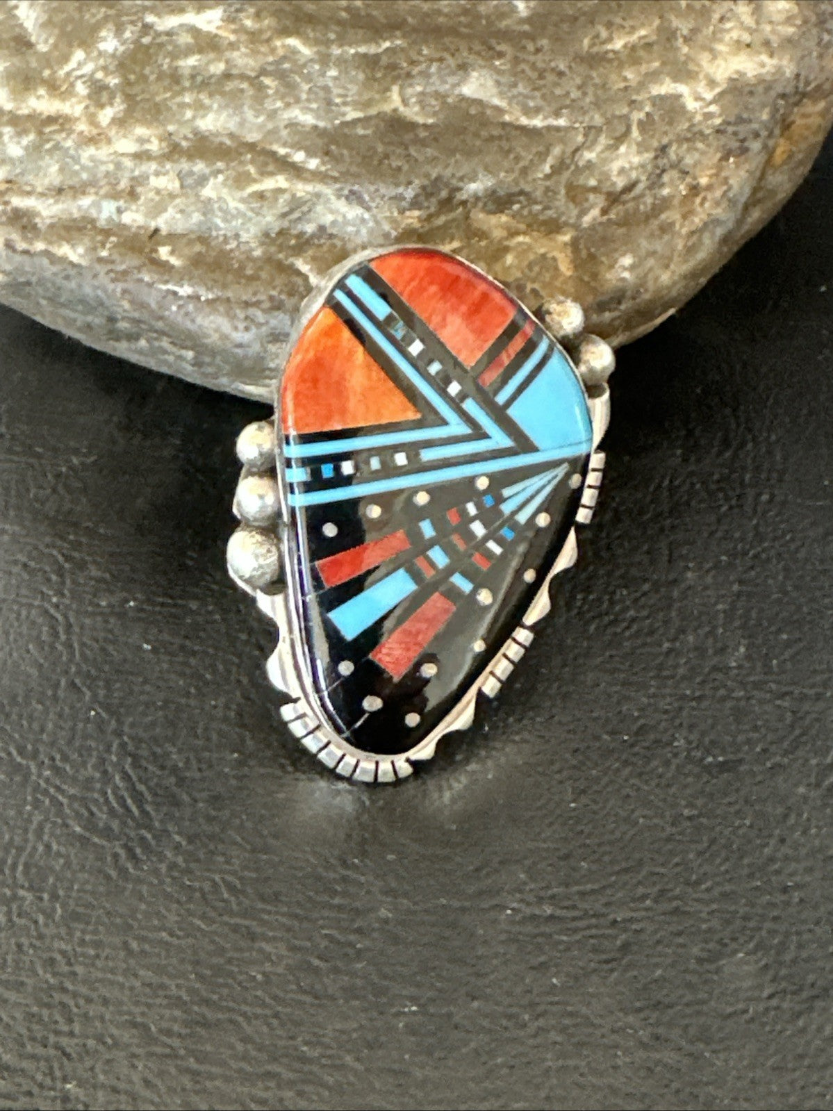 Cosmic Inlay Onyx Turquoise Spiny Navajo Sterling Silver Ring Size 9 19789