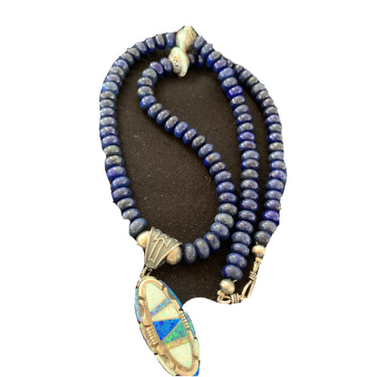 Navajo Sterling Silver Necklace Lapis Opal Pendant Native American 19491