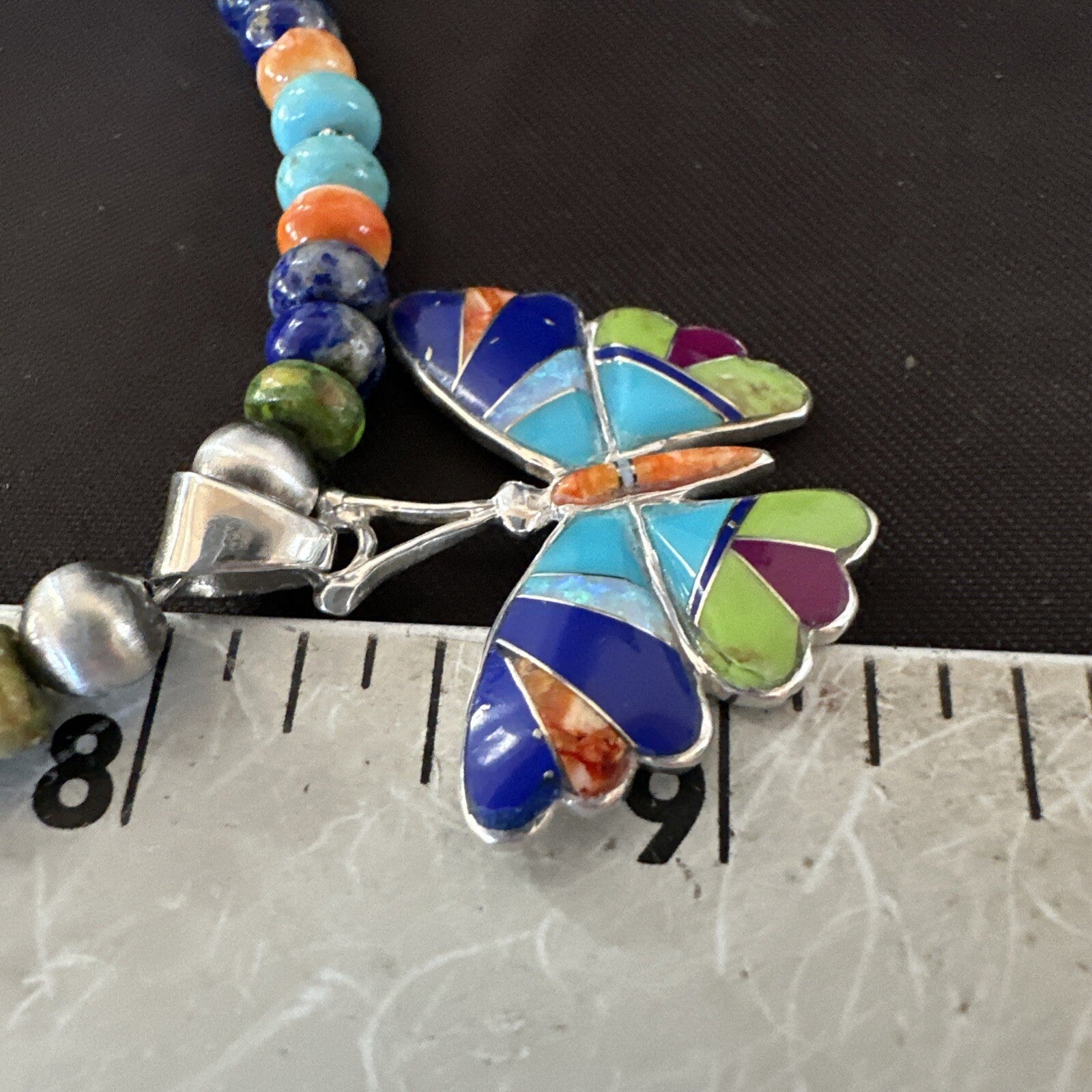 Butterfly Multicolor Turquoise Pendant Navajo Sterling Silver Necklace 18729