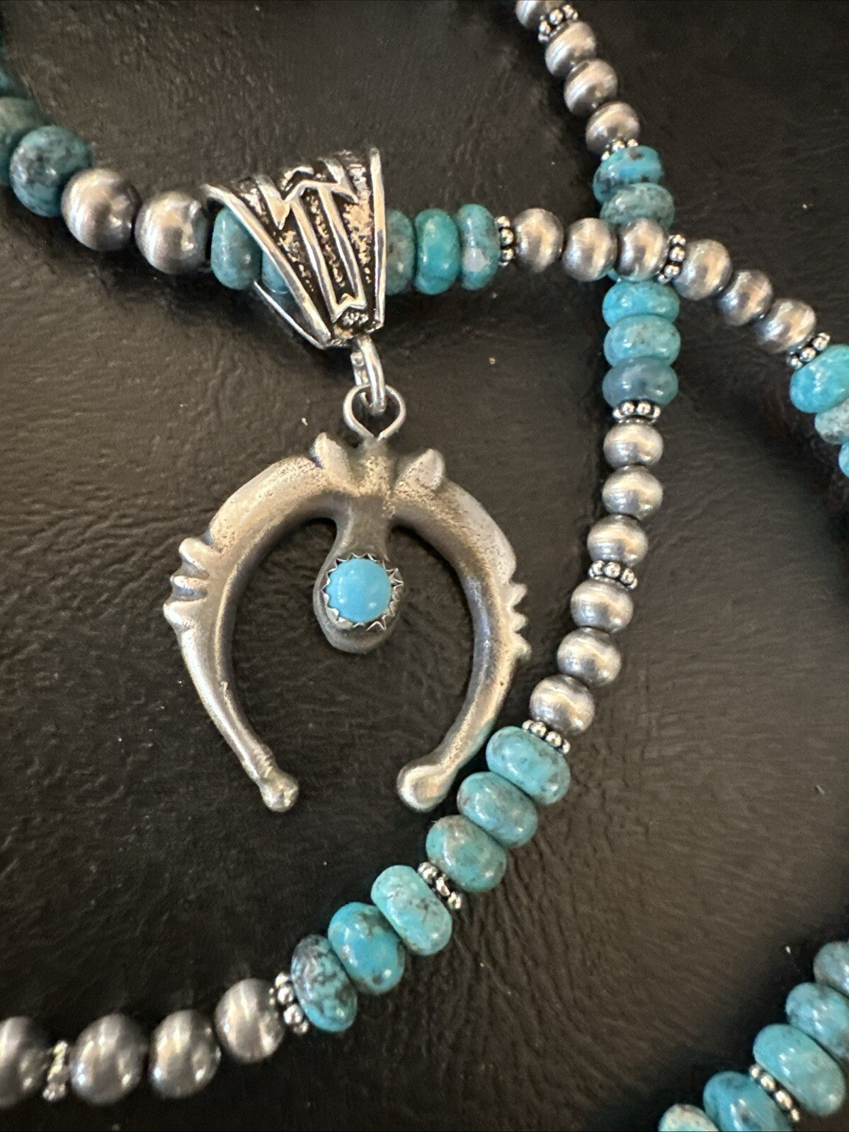 Blue Turquoise Naja Pendant 6mm Beads Navajo Sterling Silver Necklace 21" 18674