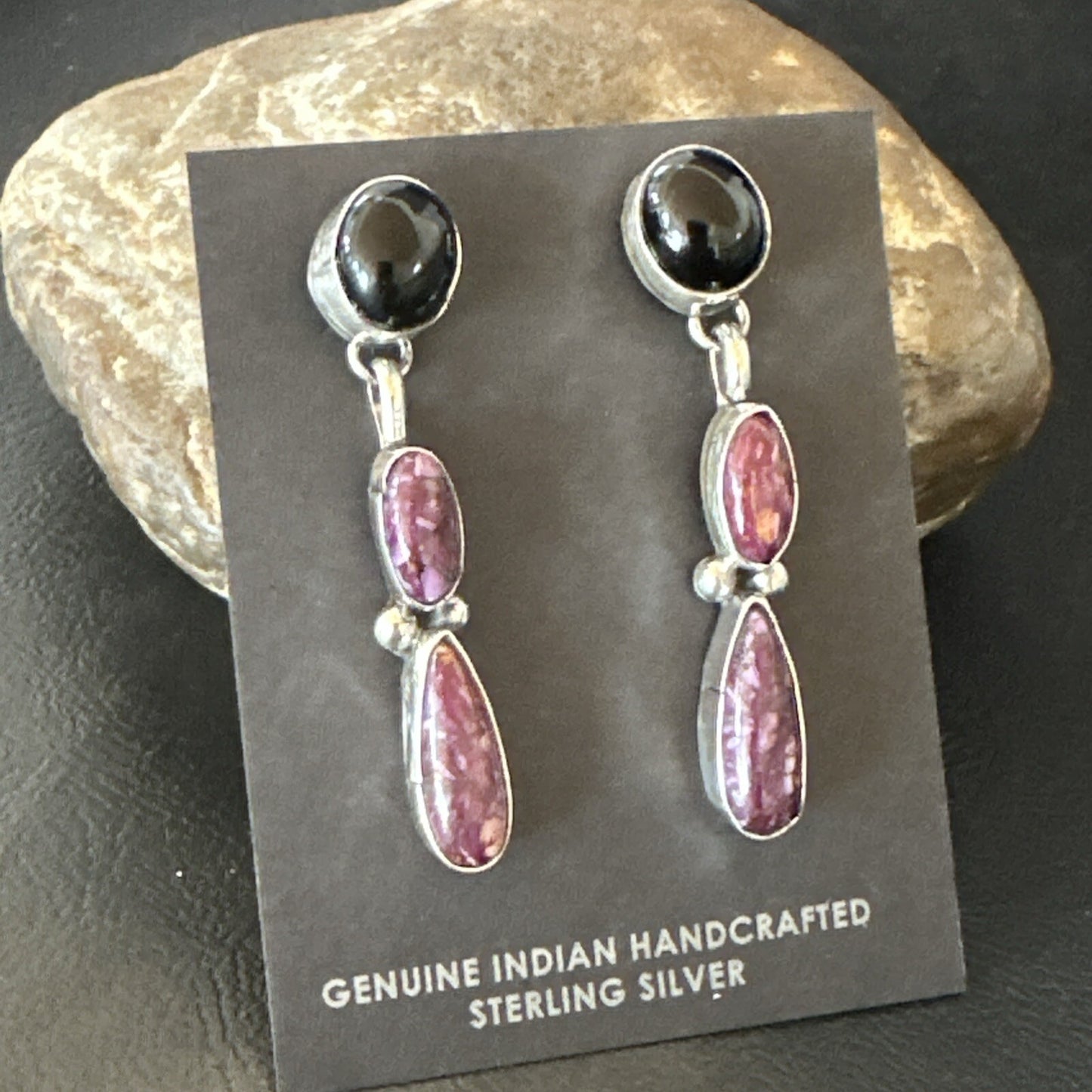 Purple Spiny Oyster Onyx Navajo Sterling Silver Dangle Earrings 2" 18570