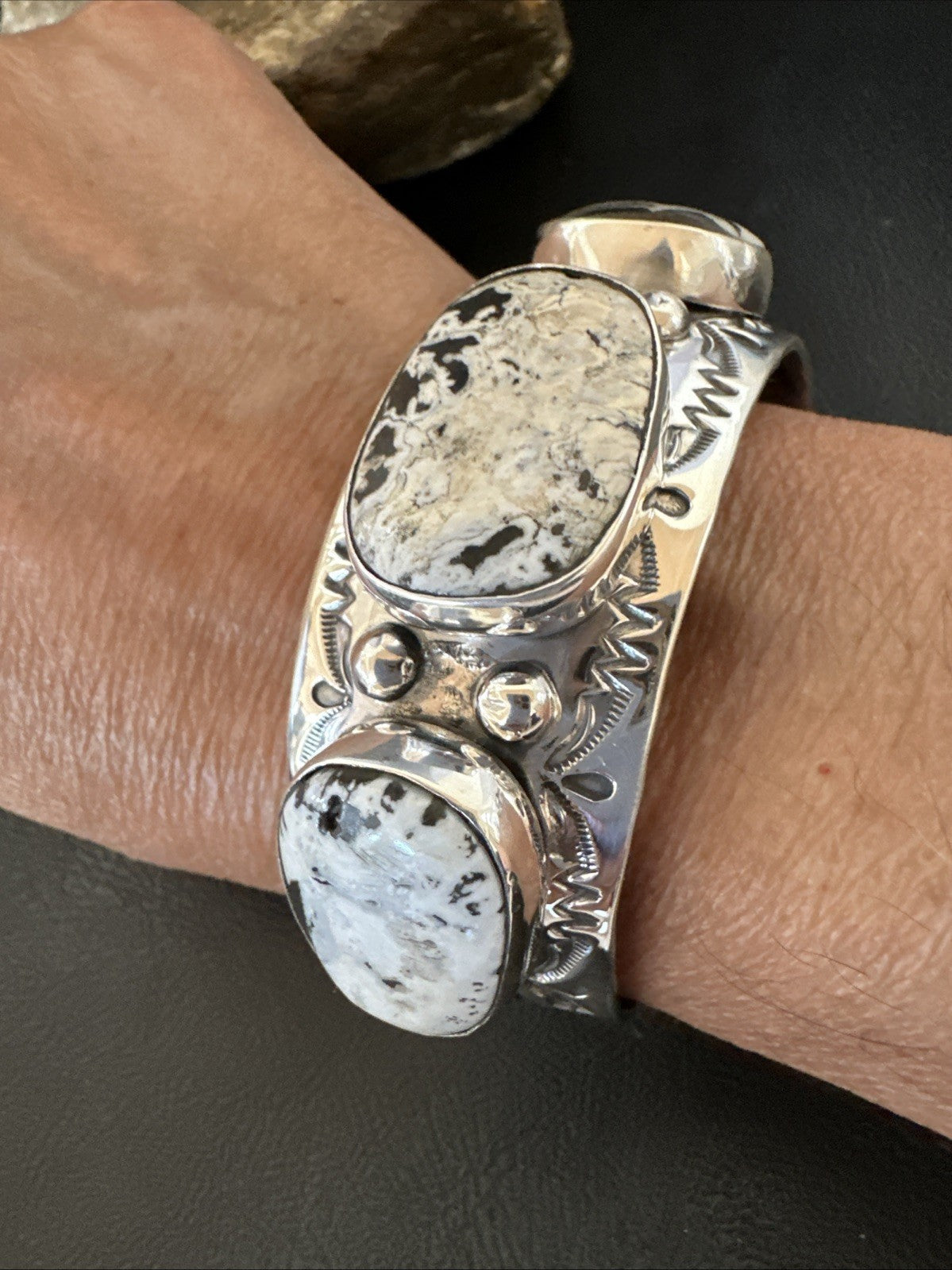 Mens White Buffalo Turquoise Navajo Sterling Silver Cuff Bracelet 7.5" 19428