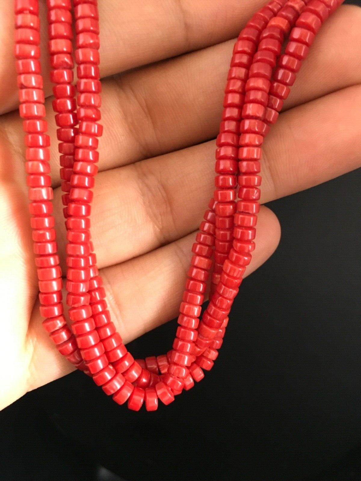 Red Coral Stabilized 3 Strands Navajo Sterling Silver Heishi Necklace 01778