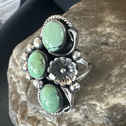 Yazzie Ring Green Turquoise Navajo Sterling Silver Cluster Size 8.5 19211