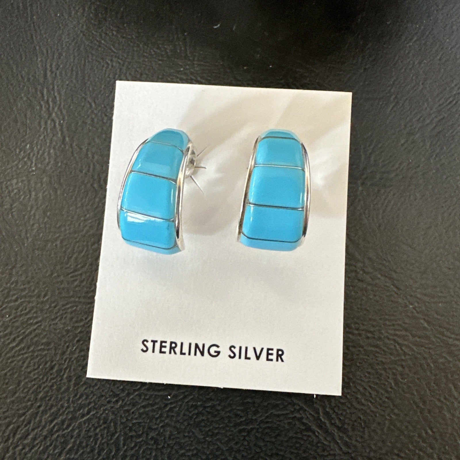 Southwestern Sterling Silver Blue Turquoise Stud Inlay Earrings 1” 19267