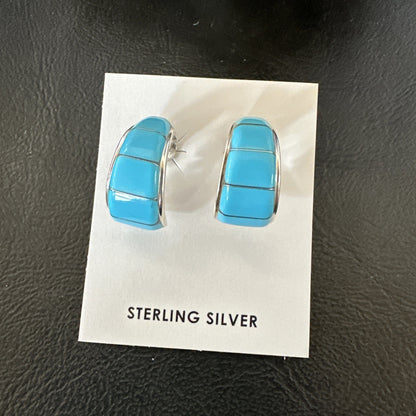 Southwestern Sterling Silver Blue Turquoise Stud Inlay Earrings 1” 19267