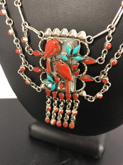 Turquoise & Coral Pendant Zuni Sterling Silver Museum Collectible Necklace 03029