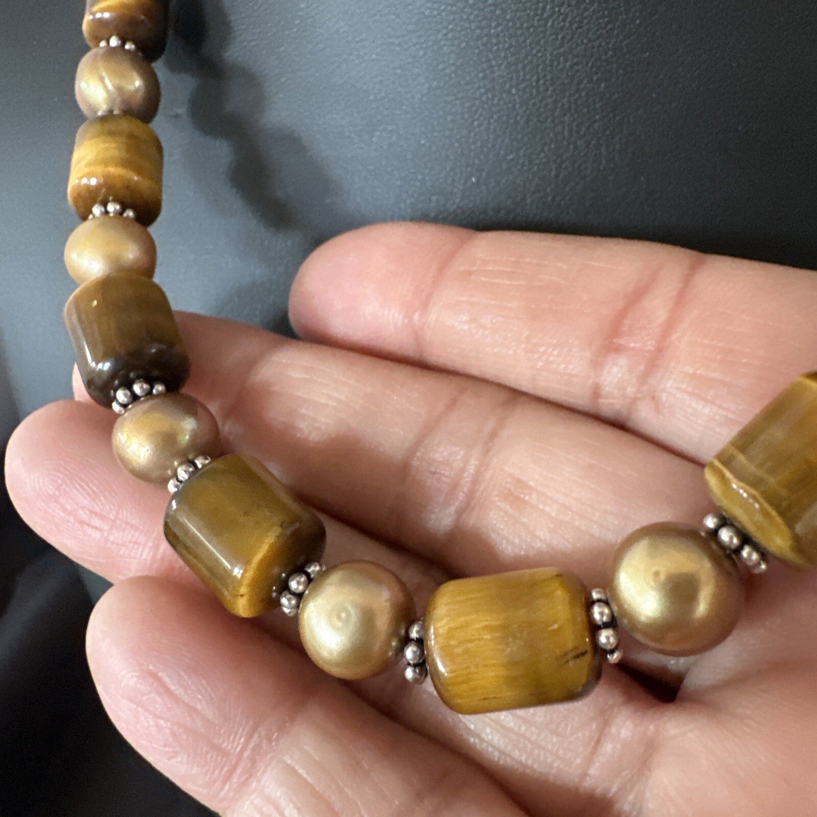 Coffee Tigers Eye Culture Pearl Sterling Silver Necklace Wrap Bracelet 17” 18737