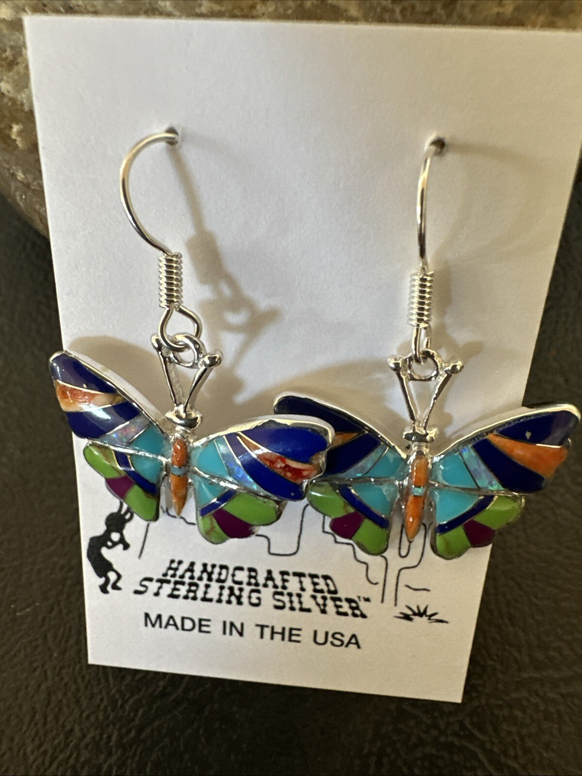 Butterfly Multicolor Spiny Lapis Opal Inlay Sterling Silver Earrings 19141