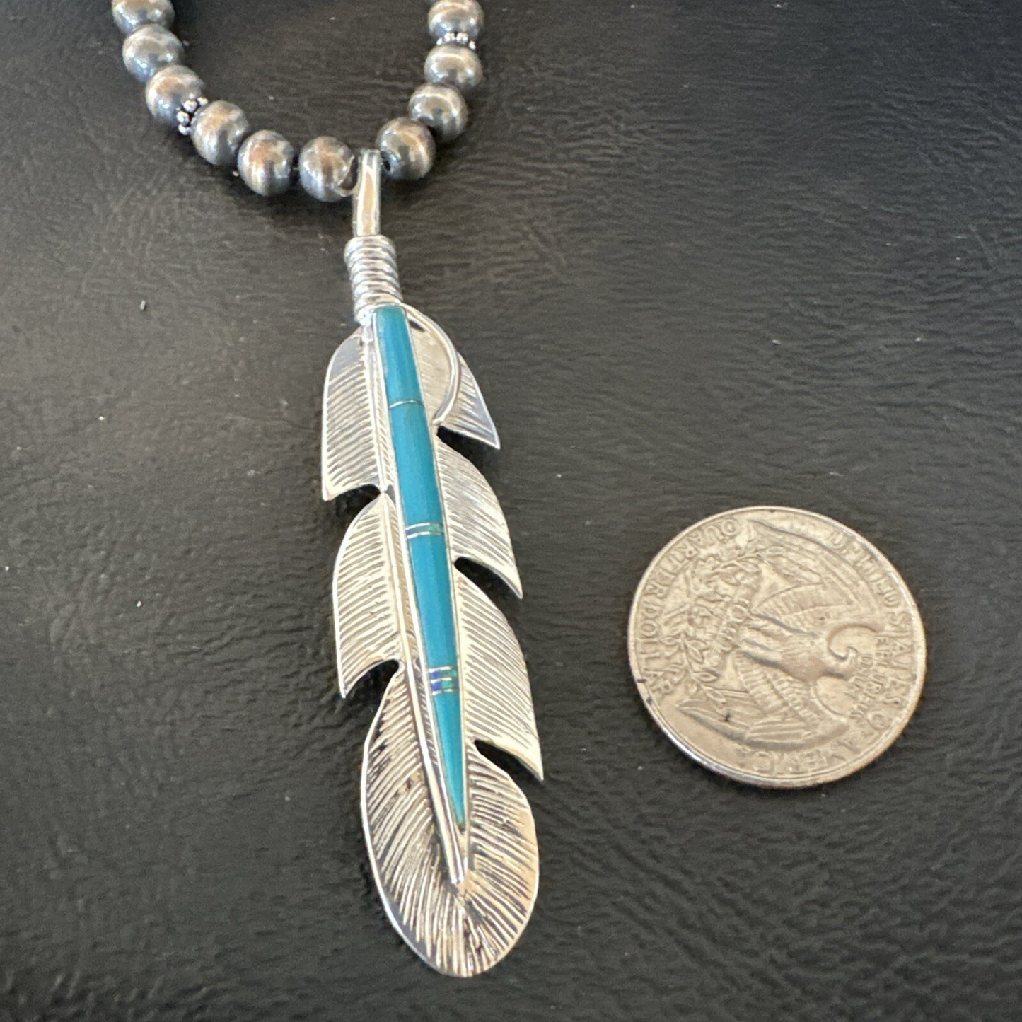 Mens Feather Turquoise Pendant Navajo Sterling Silver Beads Necklace 22" 18669