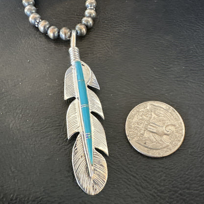 Mens Feather Turquoise Pendant Navajo Sterling Silver Beads Necklace 22" 18669