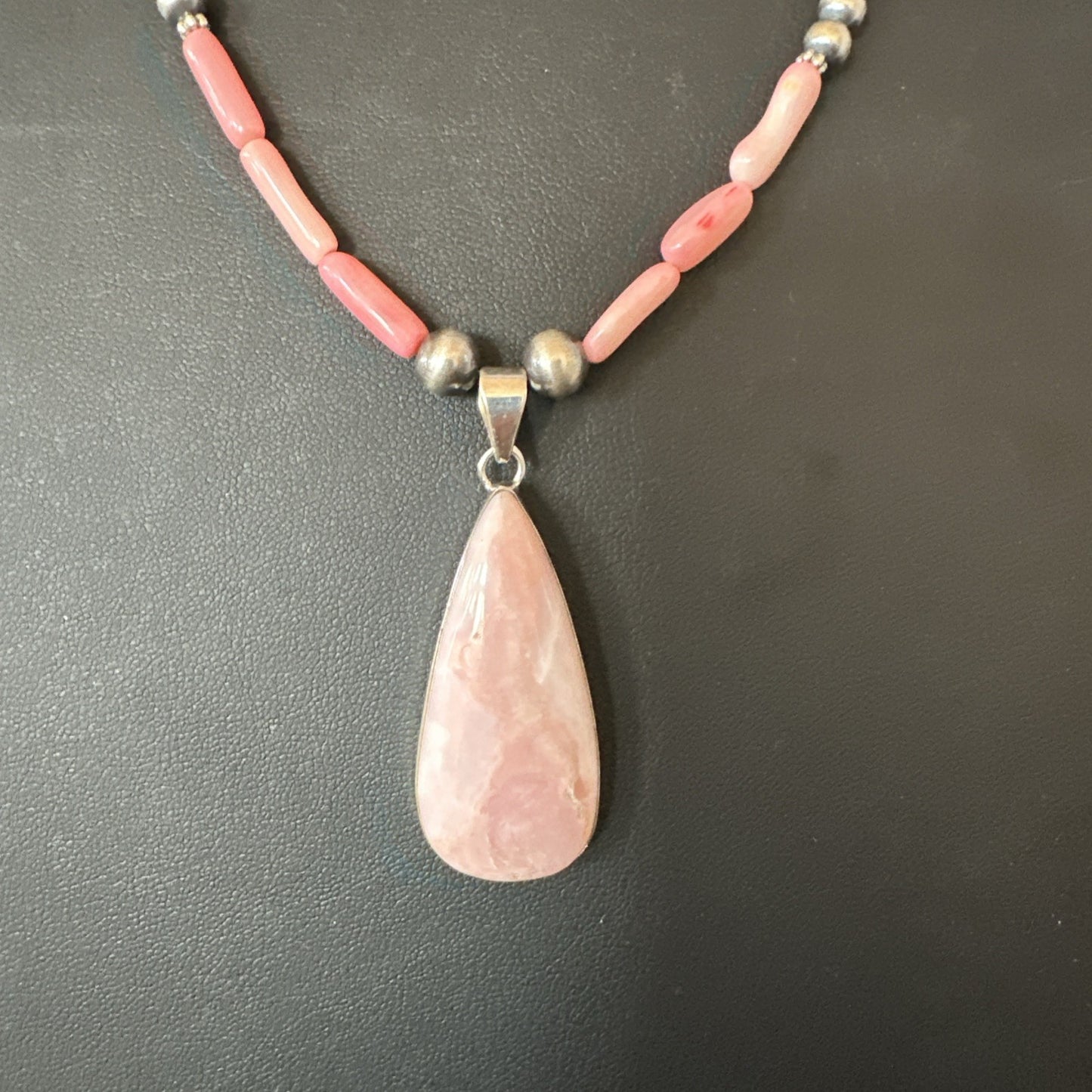 Southwestern Sterling Silver Pink Coral Bead Necklace Quartz Pendant 24" 19589