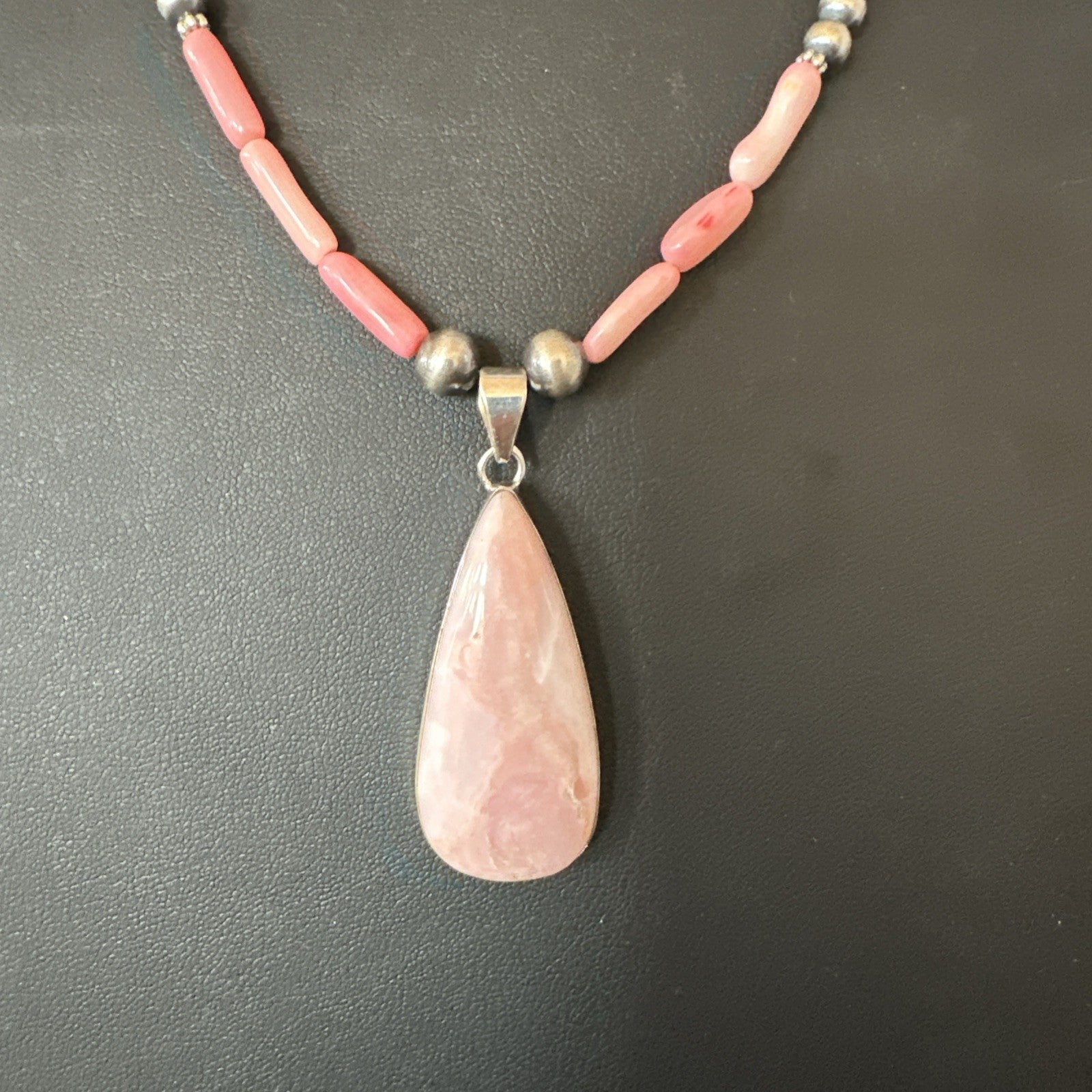 Southwestern Sterling Silver Pink Coral Bead Necklace Quartz Pendant 24" 19589