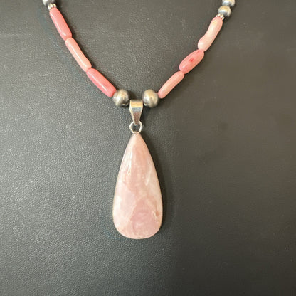 Southwestern Sterling Silver Pink Coral Bead Necklace Quartz Pendant 24" 19589