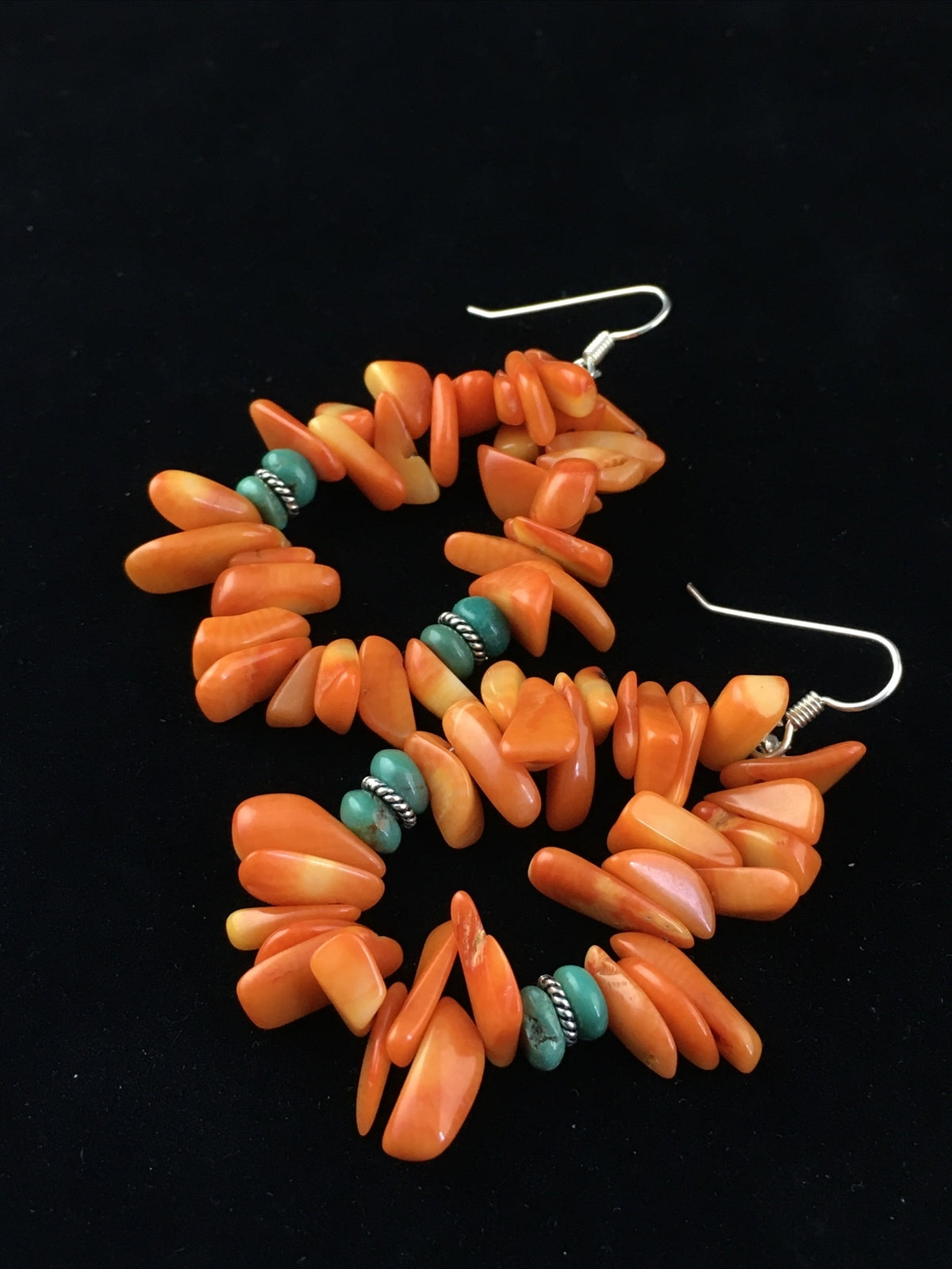Orange Coral & Turquoise Navajo Sterling Silver Earrings 01776