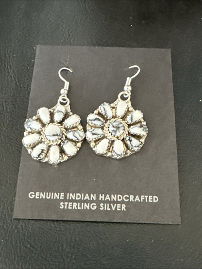 Womens Cluster White Buffalo Navajo Sterling Silver Dangle Earrings 19092