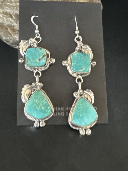 Blue Kingman Turquoise Navajo Sterling Silver Dangle Earrings 15525