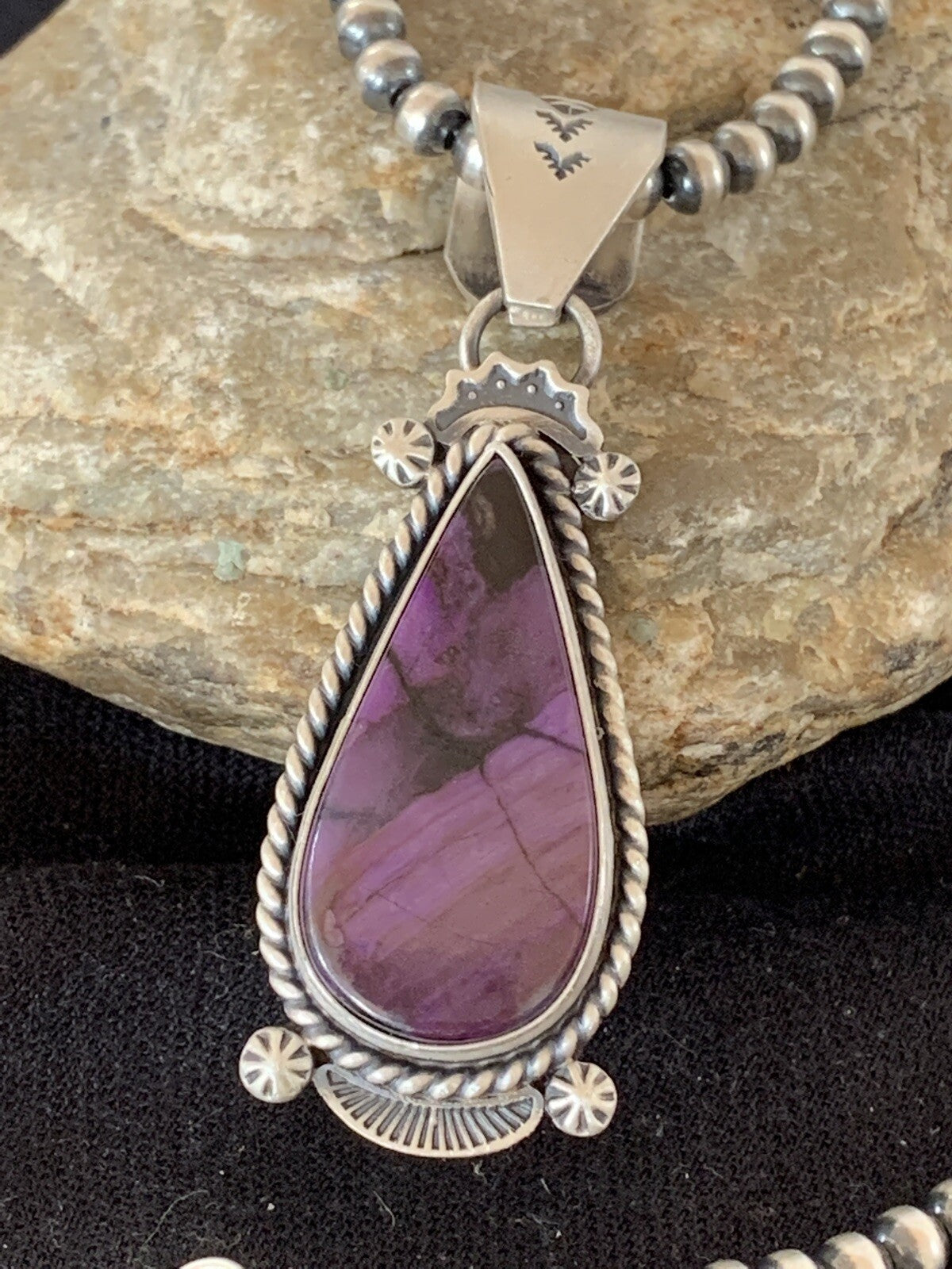 Purple Stone Pendant Navajo Pearls Sterling Silver Necklace 04928
