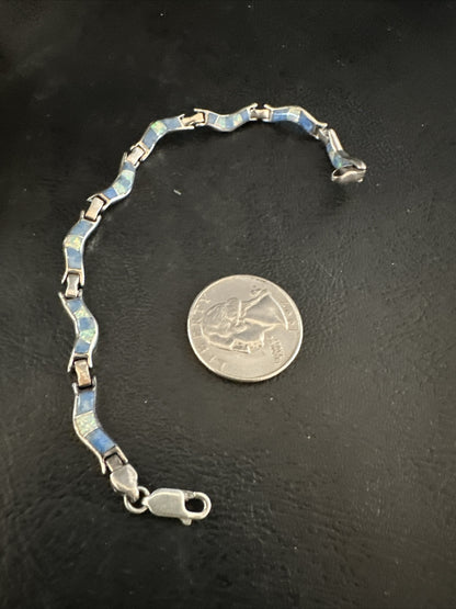 Native Womens Blue Opal Lapis Inlay Link Bracelet 7" Sterling Silver 17726