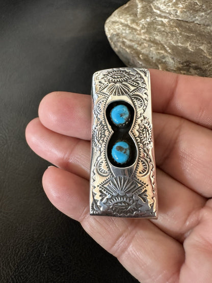 Mens Blue Turquoise Navajo Stainless Stamped Silver Money Clip 19367