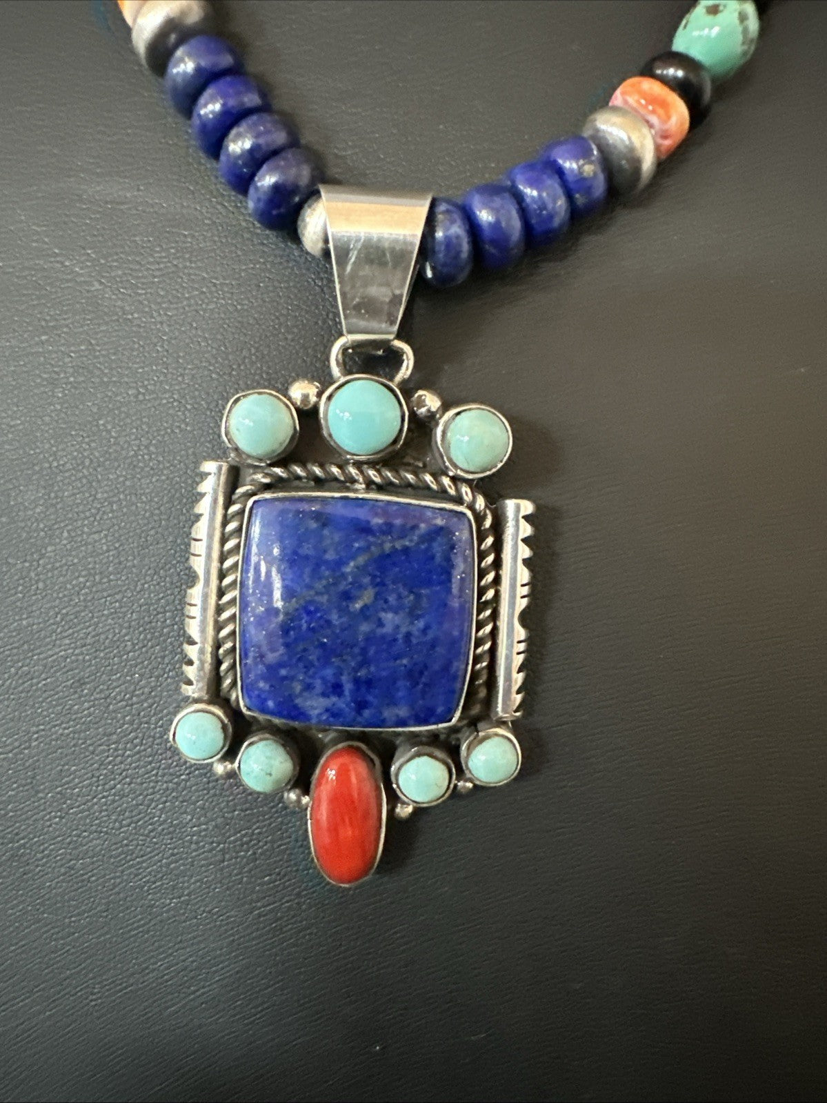 Multicolor Lapis Turquoise Pendant Navajo Sterling Silver Necklace 22” 19468