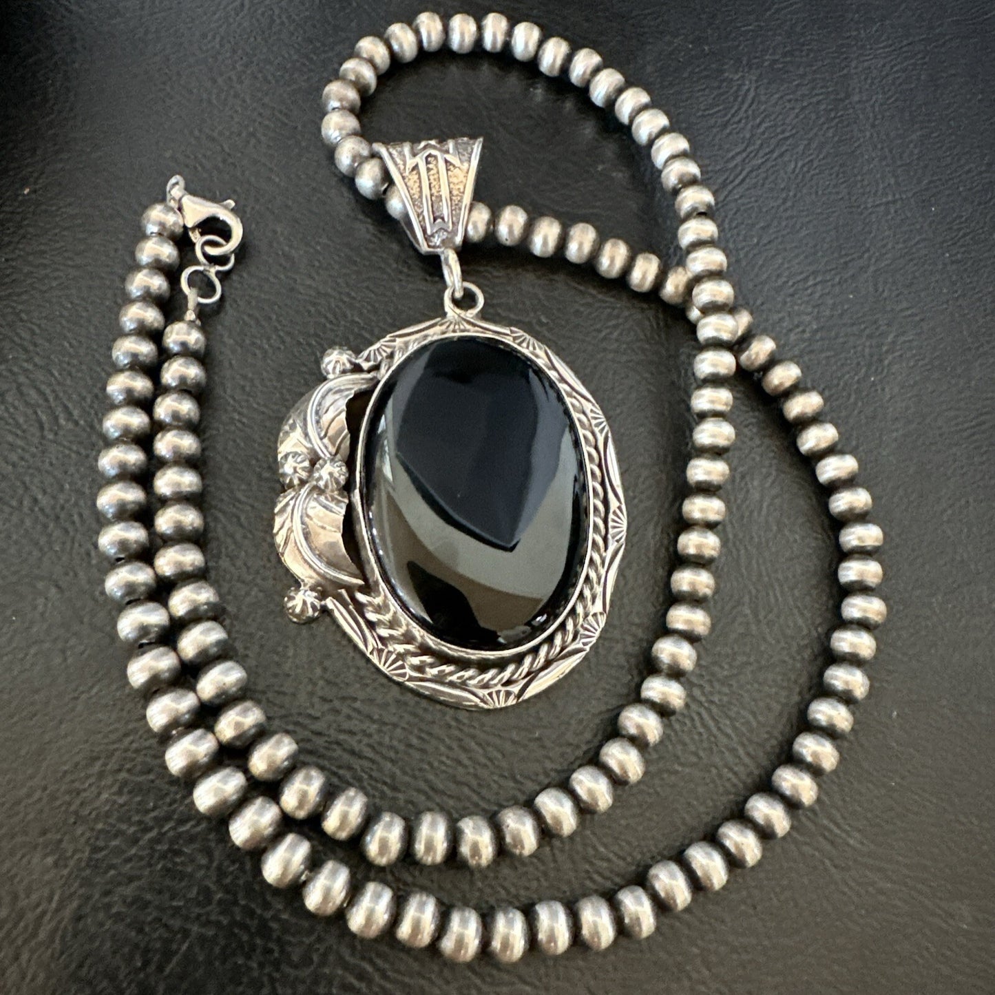 Mens Womens Black Onyx Pendant Navajo Sterling Silver Beads Necklace 18305
