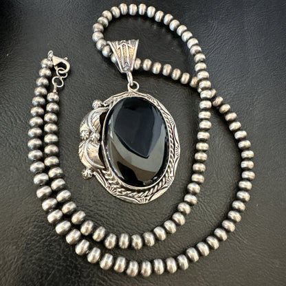 Mens Womens Black Onyx Pendant Navajo Sterling Silver Beads Necklace 18305