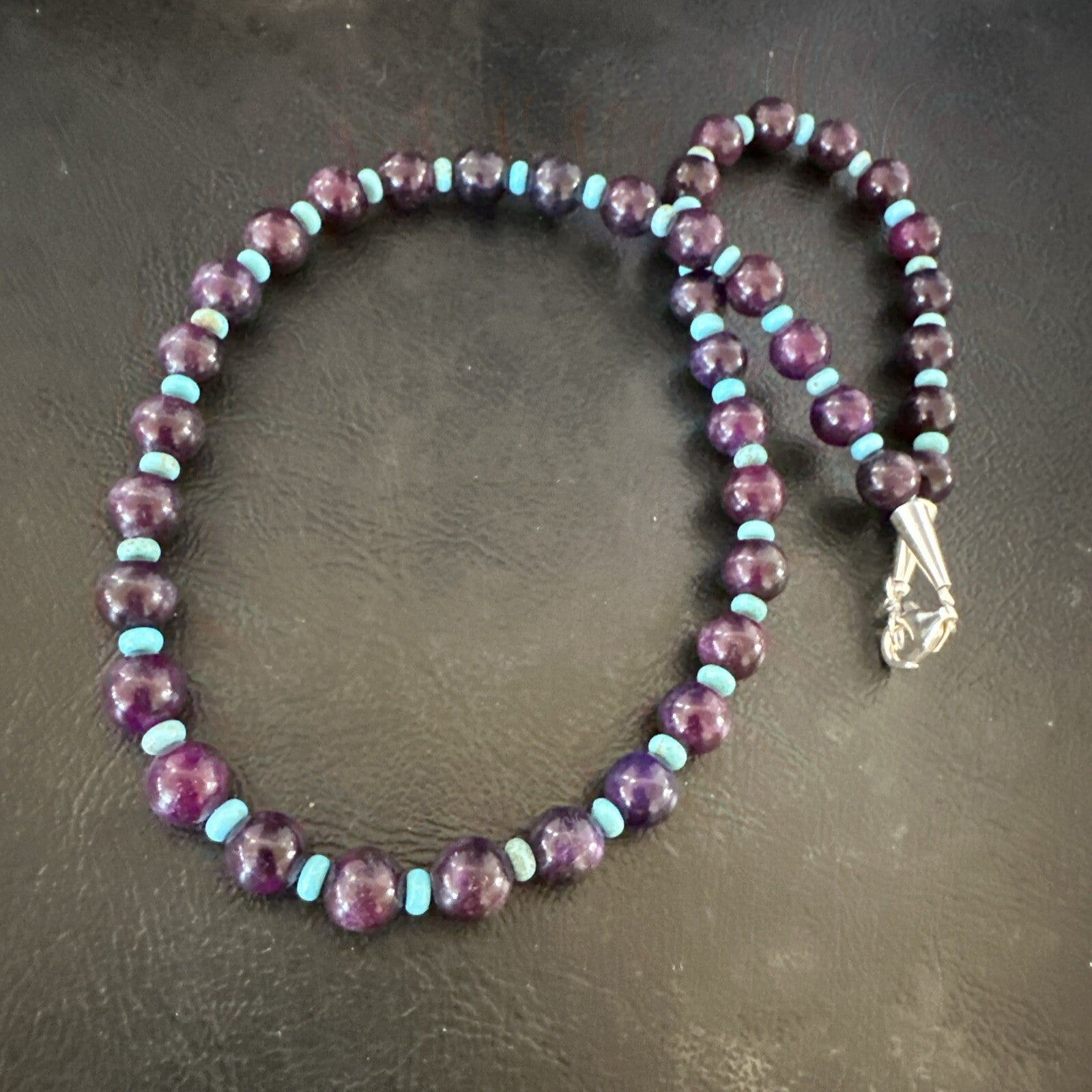 Purple Stone Blue Turquoise Bead Navajo Sterling Silver Necklace 18” 17788